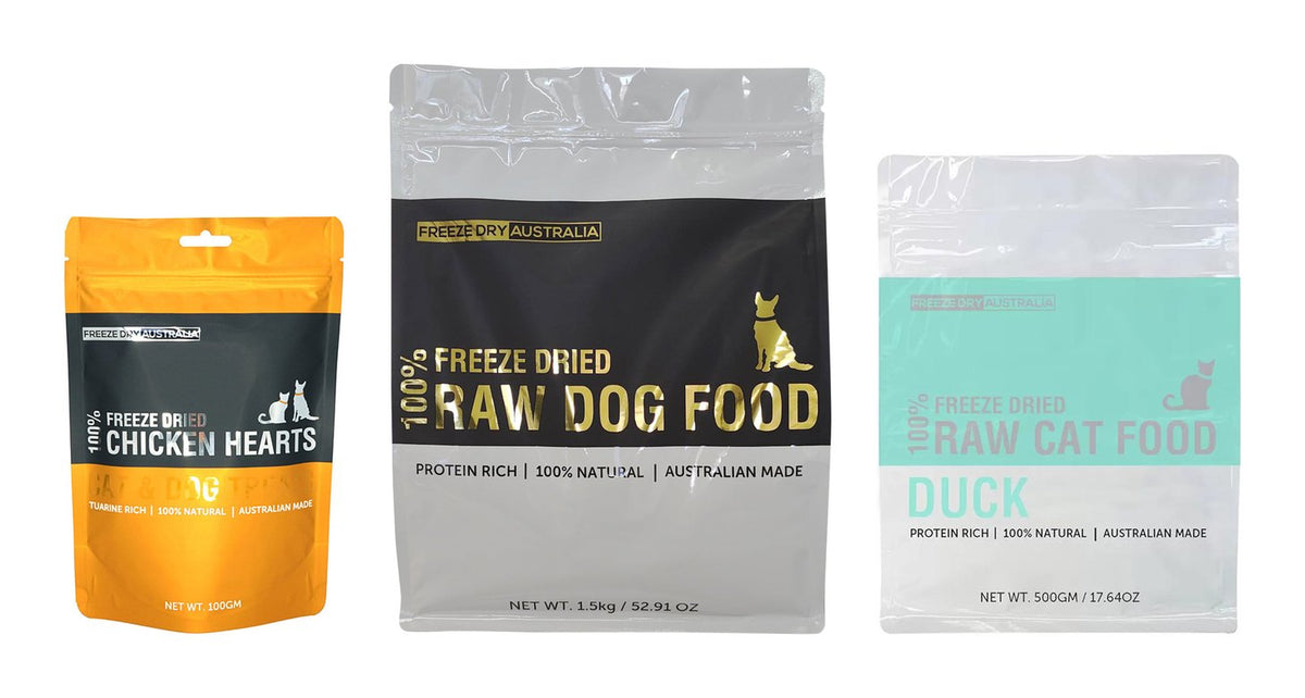 Freeze Dry Australia chicken hearts, 1.5kg raw dog food and 500g raw duck cat food bags
