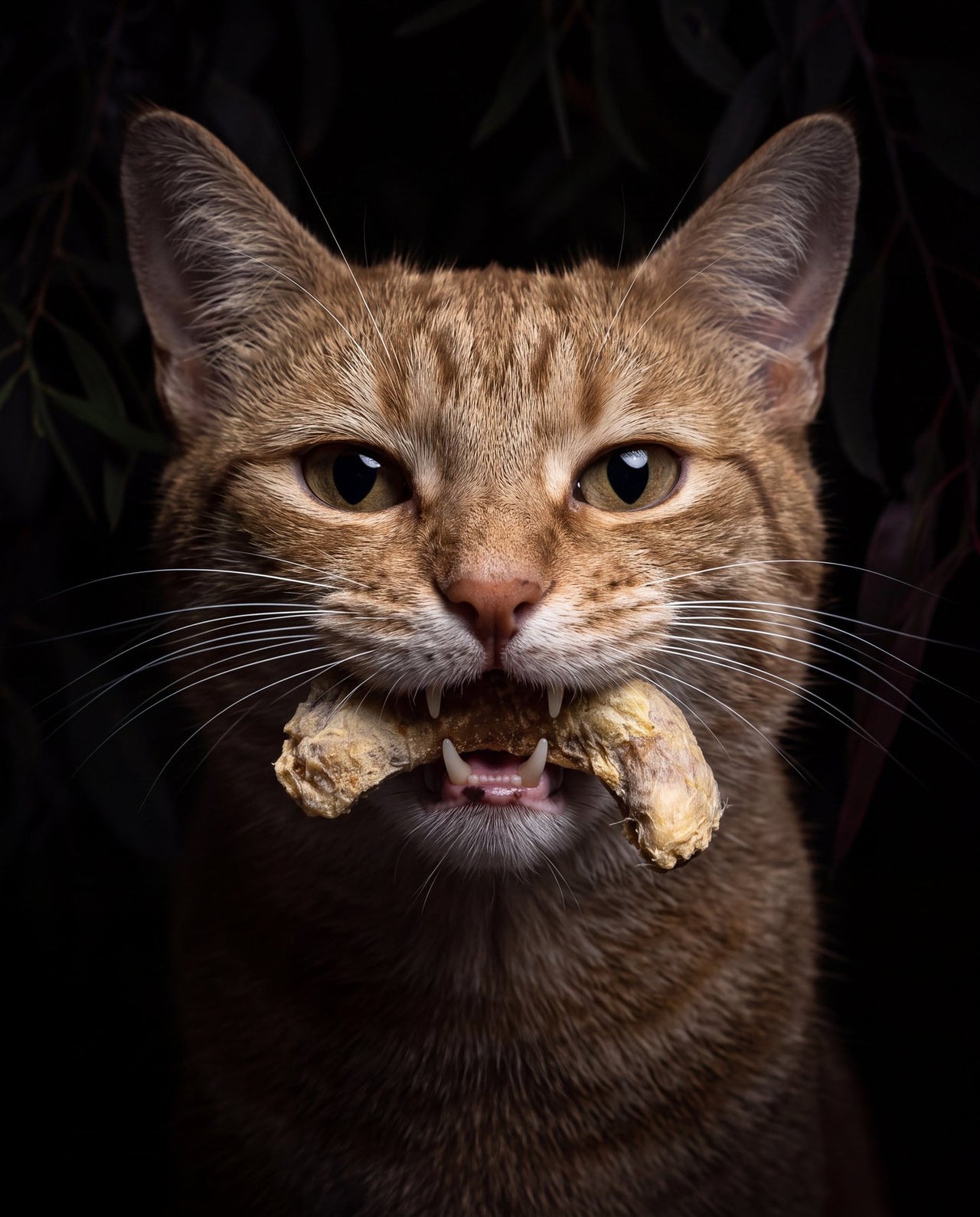 A ginger cat holding a freeze dried treat in its mouth