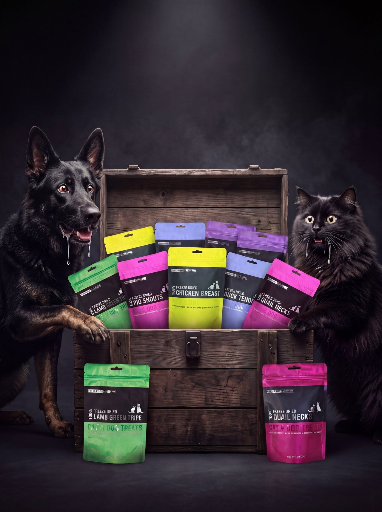 A dog and a cat on either side of a wooden chest full of Freeze Dry Australia treat bags