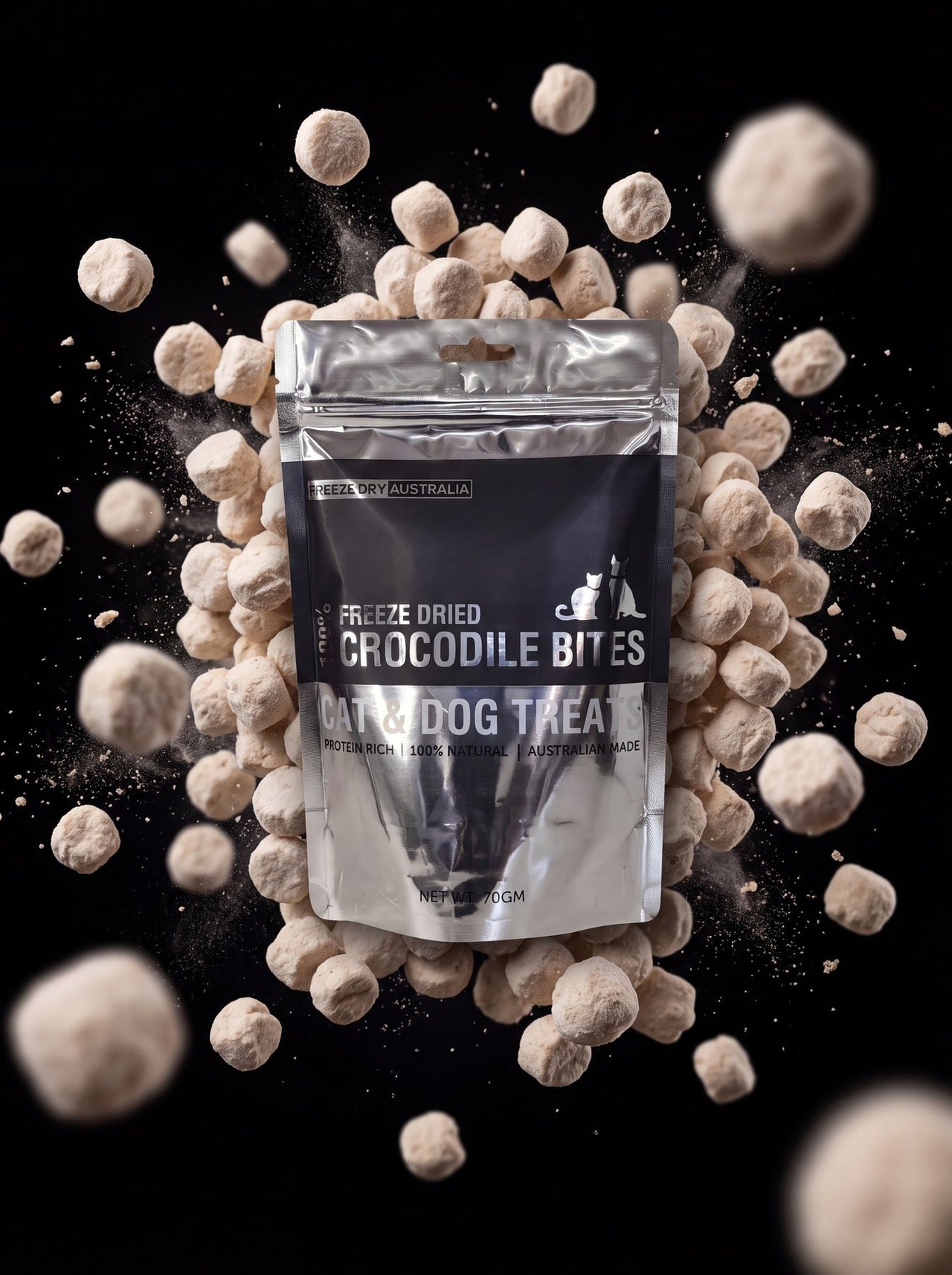 A bag of Freeze Dry Australia Crocodile Bites surrounded by crocodile treats