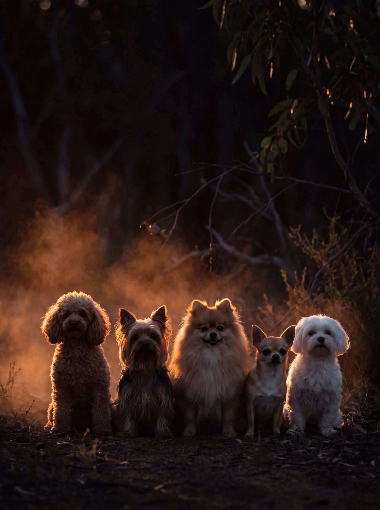 Five small dogs sitting in a row in the bush at dusk
