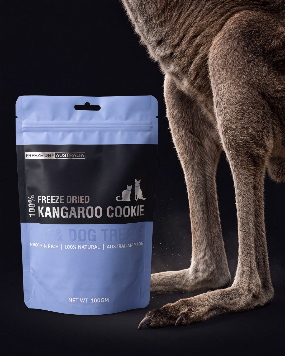 A bag of Kangaroo Cookie beside a kangaroo
