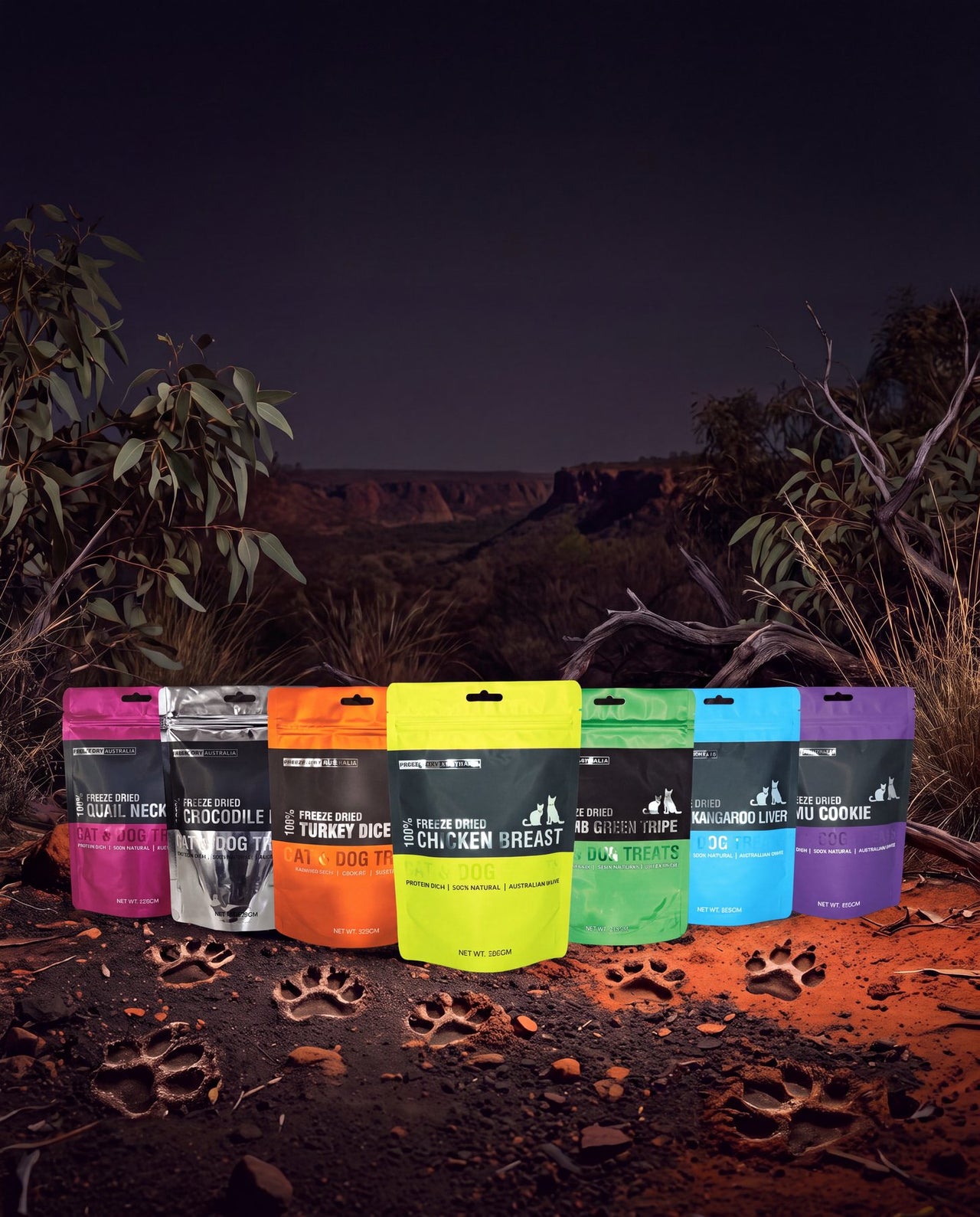 Seven bags of Freeze Dry Australia treats lined up on red earth at dusk