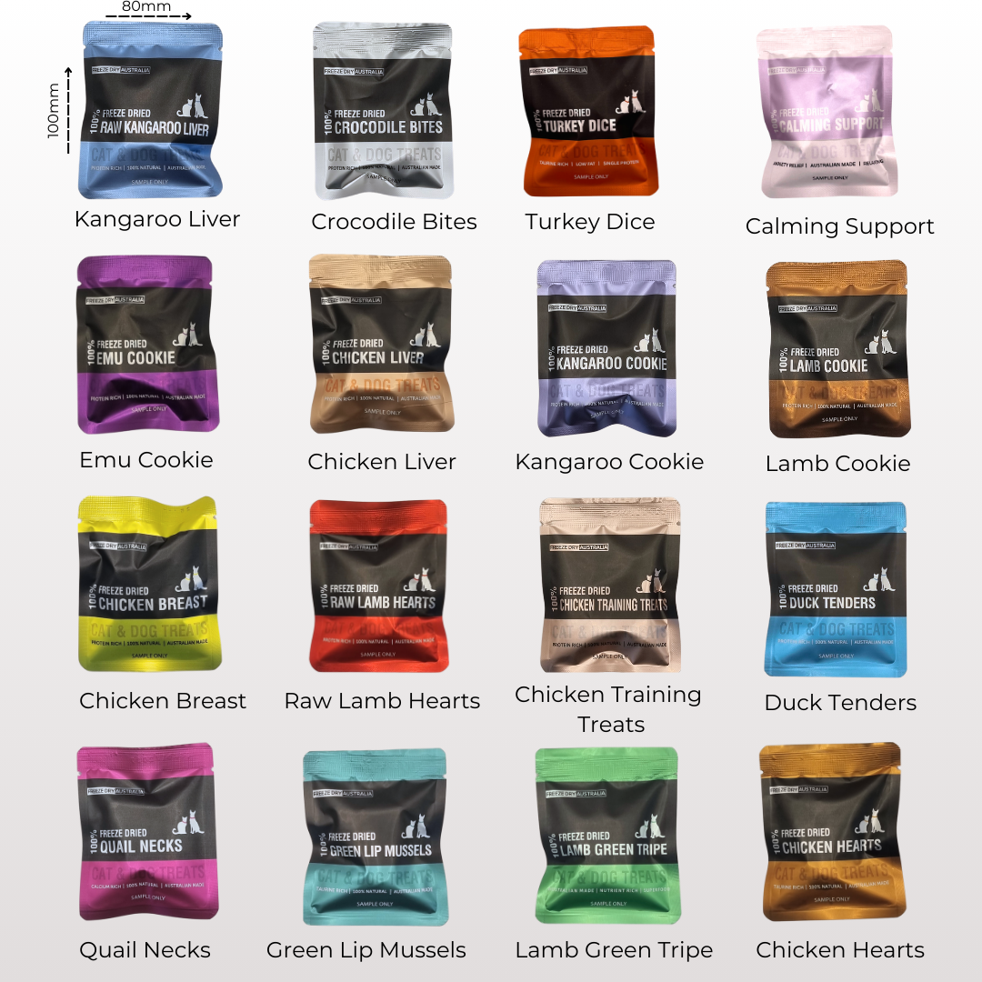 Grid Of 16 Colorful Freeze Dry Australia Pet Treat Packs With Varied Proteins