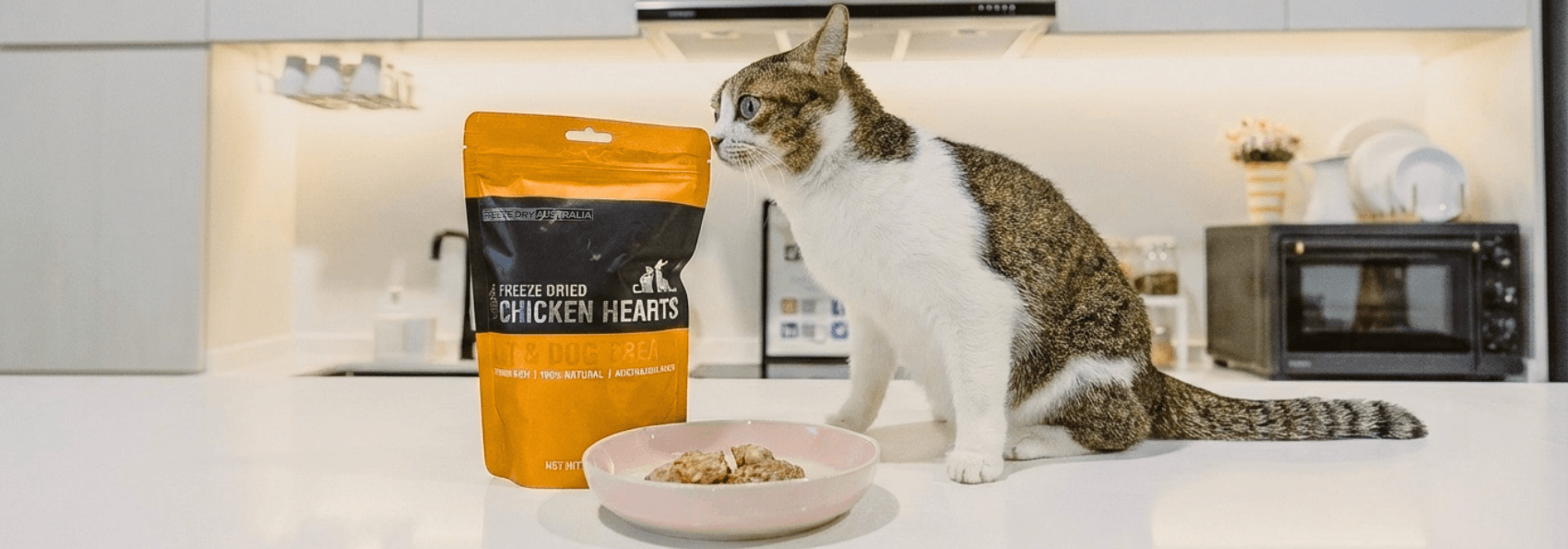 A Cat On Kitchen Counter Beside Australian Freeze Dried Chicken Treats