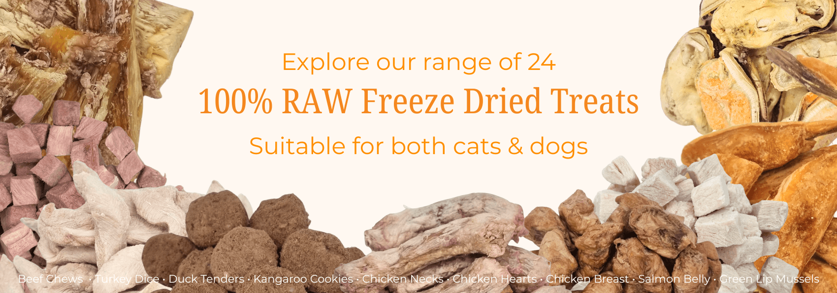 Promo Banner Showcasing 100% Raw Freeze Dried Pet Treats For Cats And Dogs